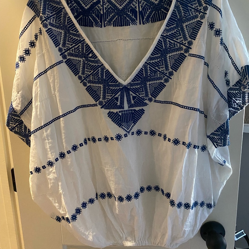 Blue and white embroidered top- size M